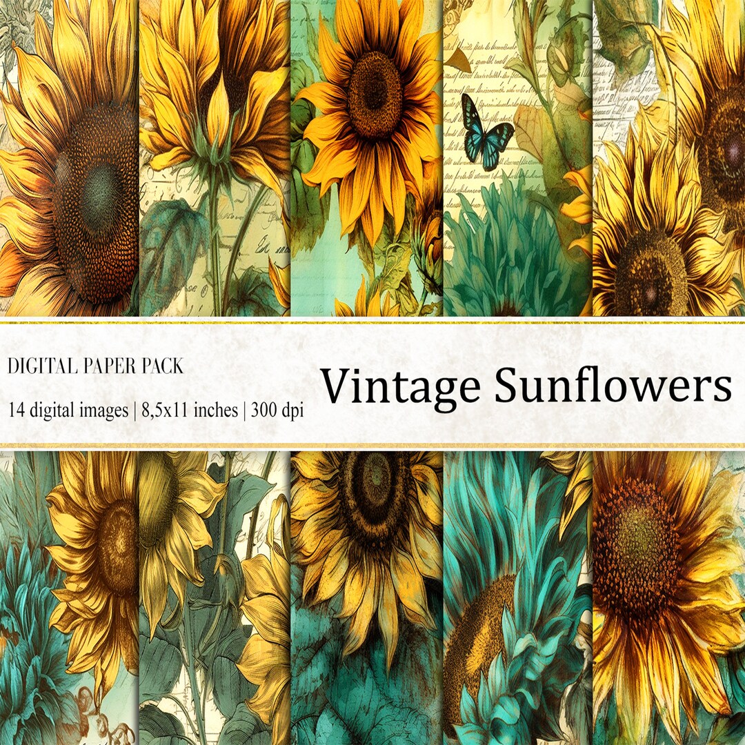 Vintage Sunflower Digital Paper Set: Junk Journal Backgrounds (digital ...