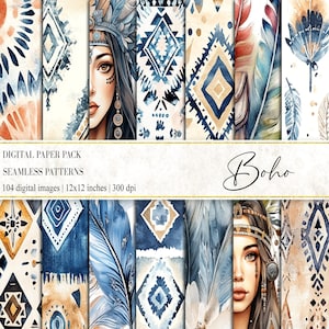 May include: A digital paper pack with 104 seamless patterns featuring boho style designs. The patterns include watercolor illustrations of feathers, geometric shapes, and a Native American woman in a headdress. The patterns are in shades of blue, brown, and white.