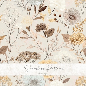May include: A seamless floral pattern in neutral tones. The design showcases detailed illustrations of various flowers, leaves, and branches in shades of brown, beige, and cream. The text "Seamless Pattern" and "Bena Designs" is also visible.