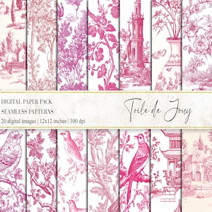 Roze digitaal toile-de-jouy papier, Frans toile-dagboek, Frans toile-patroon, toile de jouy-plakboek, chinoiseriepapier, chinoiseriepatroon