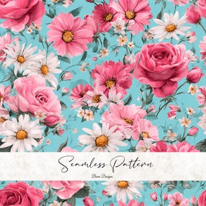 May include: Seamless floral pattern featuring pink roses, daisies, and other flowers on a light blue background. The design includes the text "Seamless Pattern" and "Bena Designs". The flowers have yellow centers and green stems.