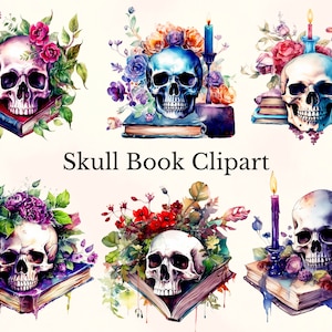 Watercolor Fantasy Skull Book Clipart, Watercolor Books, Skull Books Clip Art, Floral Books Clipart, Fantasy Clip Art, Commercial Use