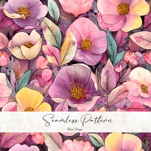 May include: Watercolor floral seamless pattern featuring pink, purple, and yellow flowers with green and pink leaves. The design includes the text "Seamless Pattern" and "Benn Designs". The flowers have detailed petals and are set against a dark purple background.