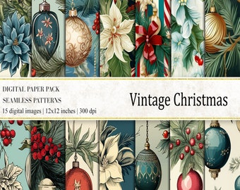 Vintage Christmas Digital Papers, Old Christmas Pattern, Vintage Christmas Scrapbooking, Christmas Journal Papers, commercial use