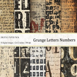 グランジ文字数字デジタルペーパー、グランジ印刷可能、古い文字ペーパー、グランジ文字、文字ペーパー、グランジペーパー、即時ダウンロード