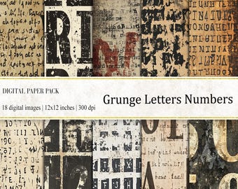 Grunge Letters Numbers Digital Paper Pack: 12x12 (Instant Download)