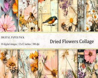 Dried Flowers Collage Digital Papers: Botanical Ephemera (Digital Download)
