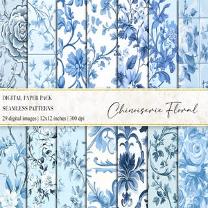 Chinoiserie bloemen digitaal papier, blauwe toile de jouy digitale papieren, chinoiseriepatronen, vintage bloemenpatroon, Frans toile-patroon