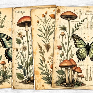 Vintage botanische ongewenste dagboekpapieren, digitaal kruidenpapier, digitale download, apothekerspagina, vintage paddestoel, kruiden afdrukbaar