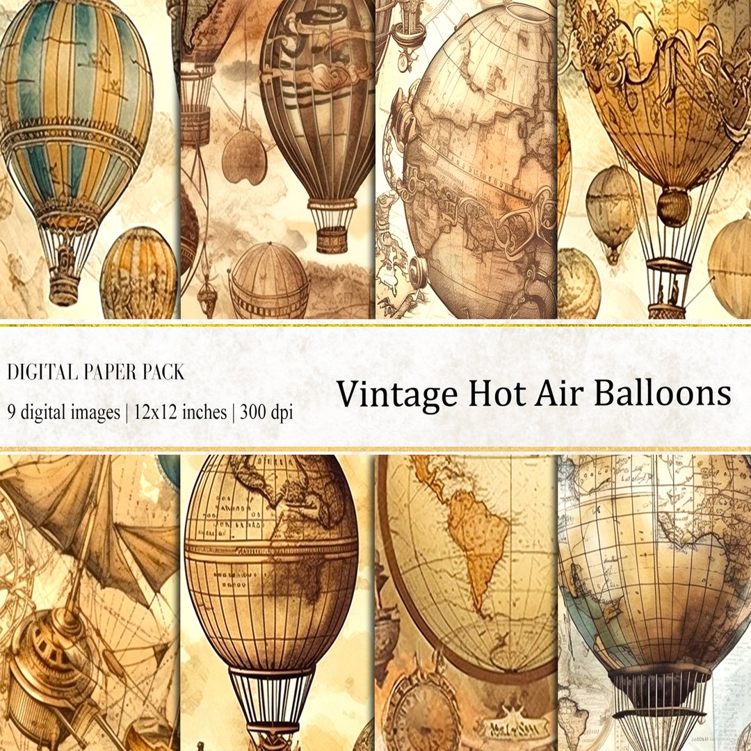 Vintage Hot Air Balloon Digital Paper: Watercolor Scrapbook Backgrounds ...