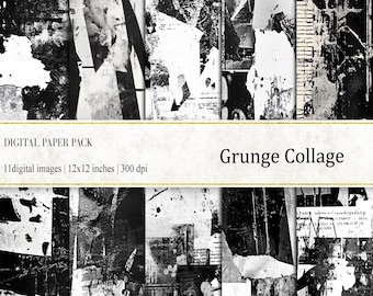 Black & White Grunge Collage Digital Paper (12x12 inches, PNG)