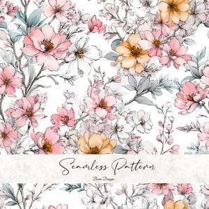 May include: A seamless floral pattern with watercolour-style flowers in pink, peach, and white, with grey and blue-green leaves and stems. The text "Seamless Pattern" and "Bena Designs" are written in a script font.