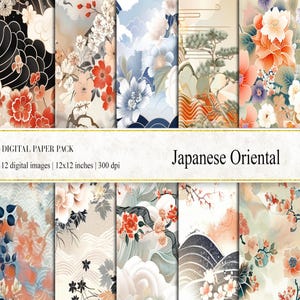 May include: A digital paper pack with 12 images featuring Japanese-inspired designs. The images feature floral patterns, mountains, and clouds in shades of blue, pink, and white. The text "Japanese Oriental" is displayed at the top of the image.