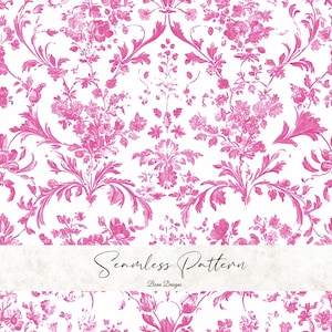 May include: A seamless pattern design featuring a repeating floral motif in shades of pink on a white background. The design includes roses, leaves, and other floral elements. The text "Seamless Pattern" is displayed in a cursive font.