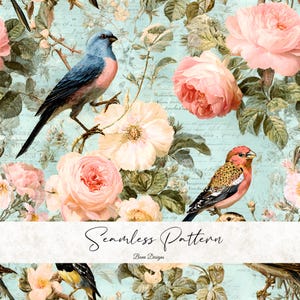 Puede incluir: Patrón sin costuras con pájaros, rosas y otras flores en tonos rosa, crema y azul. El diseño incluye el texto "Seamless Pattern" y "Bena Designs". El tema general es vintage y floral.