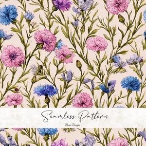 Könnte beinhalten: Nahtloses Blumenmuster mit rosa, blauen und violetten Blumen, grünen Stielen und Blättern auf cremefarbenem Hintergrund. Der Text "Seamless Pattern" und "Bena Designs" wird in einer Schreibschrift angezeigt.