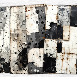 May include: A collage of black and white paper with paint splatters and handwritten text. The text includes the words "Nostalgic matalig" and "Flora Laufer".