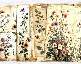 Botanical Junk Journal Papers: Vintage Floral Ephemera (Printable PNG)