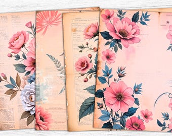 Pink Roses Junk Journal Papers: Floral Bouquet Print (Digital Download)