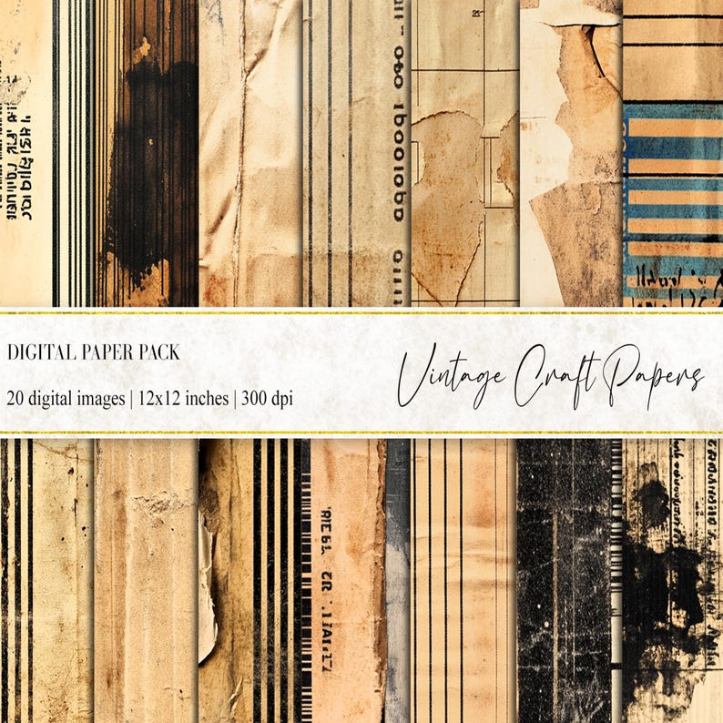 May include: A digital paper pack with 20 vintage craft papers. The papers are in various shades of brown and black with lines, stripes, and text. The papers are 12x12 inches and 300 dpi.