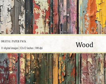 May include: Digital paper pack of 11 wood textures with various colors and patterns of peeling paint. The pack includes 12x12 inch images at 300 dpi.  Wood.