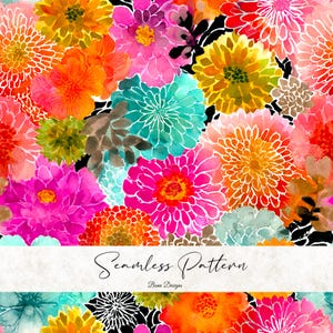 May include: A vibrant watercolor seamless pattern featuring a variety of colorful flowers in shades of orange, pink, magenta, teal, and yellow. The design includes the text "Seamless Pattern" and "Bena Designs".