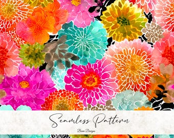 May include: A vibrant watercolor seamless pattern featuring a variety of colorful flowers in shades of orange, pink, magenta, teal, and yellow. The design includes the text "Seamless Pattern" and "Bena Designs".