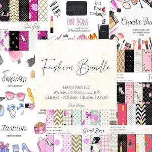 Watercolor Fashion Illustration Bundle, Watercolor Makeup, Makeup Clipart, Watercolor Illustration, Fashion Digital Papers, Glitter Pattern
