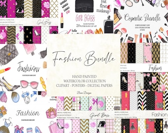 Pacote de ilustração de moda em aquarela: clipart de maquiagem, papéis digitais