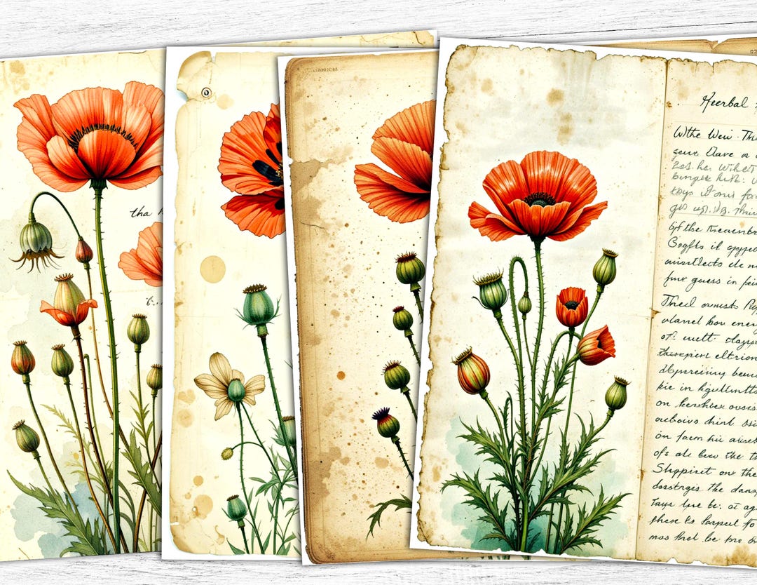 Poppy Flower Junk Journal Papers: Floral Manuscript Print (digital ...