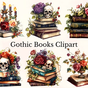 Watercolor Gothic Books Clipart, Fantasy Book Clip Art, Gothic Books Clipart, Fantasy Floral Books Art, Commercial Use, Skull Gothic Clipart
