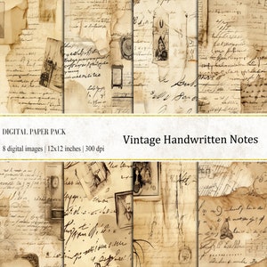 Papeles digitales vintage con notas manuscritas, papel para cartas antiguas, cartas manuscritas, documentos antiguos, papel para scrapbooking, textura desgastada