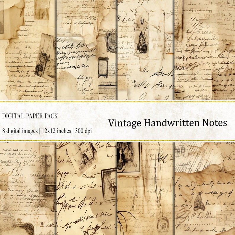 May include: A digital paper pack of eight vintage handwritten notes, each with a distressed, aged look. The papers are 12x12 inches and 300 dpi.