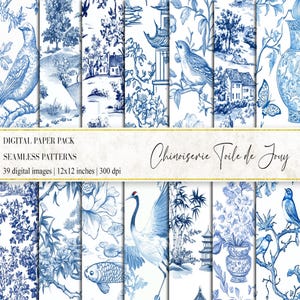 Blaues Toile de Jouy Digitales Papier: Chinoiserie Blumenmuster (12 x 12 inch PNG) (Digitaler Download)