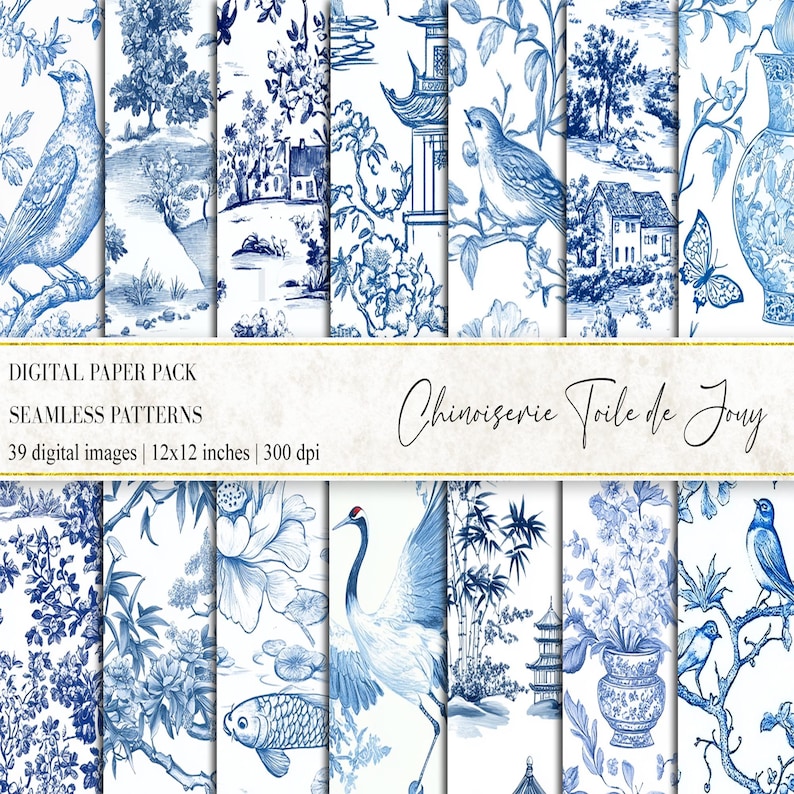 Blue Toile de Jouy Digital Paper: Chinoiserie Floral Patterns (12x12 inch PNG) (Digital Download) image 1