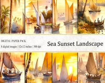 Watercolor Sea Sunset Digital Paper: Landscape Backgrounds (Digital Download)