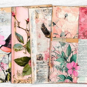 Papeles florales para diario basura, papeles imprimibles, diario basura victoriano, hoja de collage digital, descarga digital, fondo imprimible de pájaros