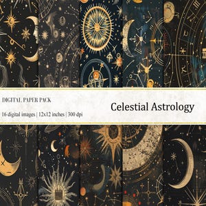 Papéis digitais de astrologia celestial, papéis digitais de ocultismo místico, papéis digitais do zodíaco, papel de scrapbook do zodíaco, papéis imprimíveis do zodíaco