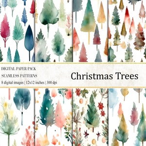 Watercolor Christmas Trees Digital Papers, Christmas Trees Pattern, Christmas Digital Paper, Trees Digital Papers, commercial use