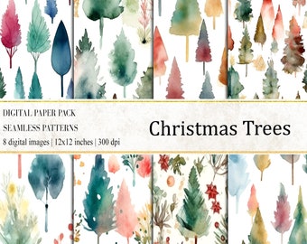 Watercolor Christmas Trees Digital Paper: Seamless Patterns (Digital Download)