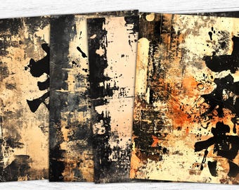 May include: Three abstract digital paper backgrounds with black, brown, orange, and beige paint splatters and brushstrokes.