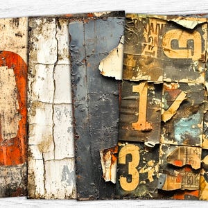 May include: Three weathered metal panels with distressed paint and peeling layers. The left panel has a large red letter "D" painted on it. The middle panel has a white and gray cracked paint finish. The right panel has a collage of numbers and letters, including "1", "3", and "21", with a distressed, vintage look.