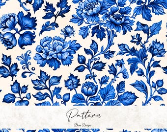 Niebieski wzór Toile De Jouy w kwiaty: Elegancki niebieski nadruk na tkaninie (pobranie cyfrowe)