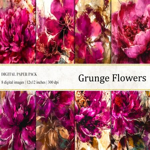 Grunge Flowers Digital Papers, Watercolor Flowers Backgrounds, Grunge Flowers Background, Grunge Vintage Flowers, commercial use