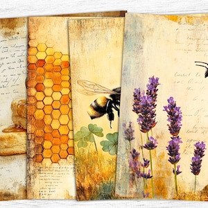 Puede incluir: Cuatro diseños de papel digital de estilo vintage con una abeja, un panal, lavanda y texto escrito a mano. Los papeles son en tonos de amarillo, marrón y morado.