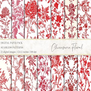 Chinoiserie bloemen digitaal papier, Frans toile-patroon, rode toile de jouy digitale papieren, chinoiseriepatronen, vintage bloemmotief