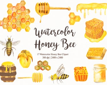 Watercolor Honey Bee Clipart Set, Illustration PNG (Instant Download)