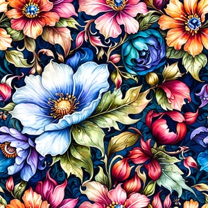 Puede incluir: Un vibrante patrón floral con una variedad de flores coloridas. El diseño presenta grandes flores en tonos de azul, rosa, naranja y morado, con hojas verdes y un fondo azul oscuro. El estilo acuarela crea un aspecto suave y artístico.