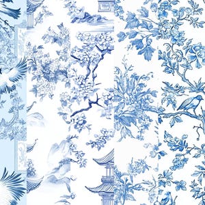 Blue Toile de Jouy Digital Paper: Chinoiserie Floral Patterns (12x12 inch PNG) (Digital Download) image 3