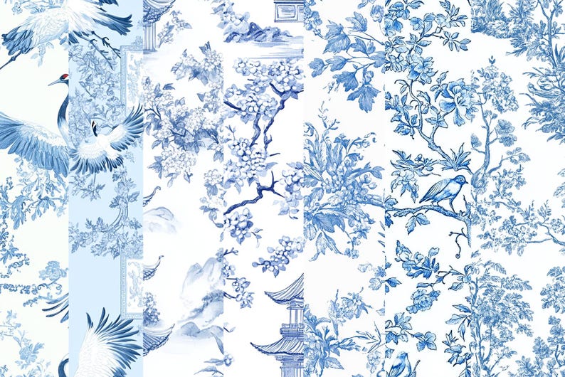 Blue Toile de Jouy Digital Paper: Chinoiserie Floral Patterns (12x12 inch PNG) (Digital Download) image 3